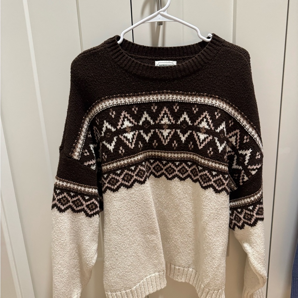 American Eagle Outfitters Brown and Cream Geometric Fair Isle Sweater